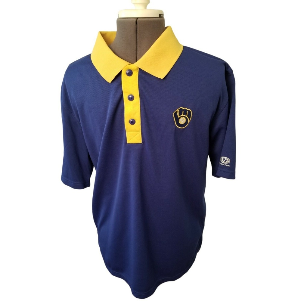 Milwaukee Brewers Baseball True Fan Short Sleeve Polo Blue yellow Men's Sz Large